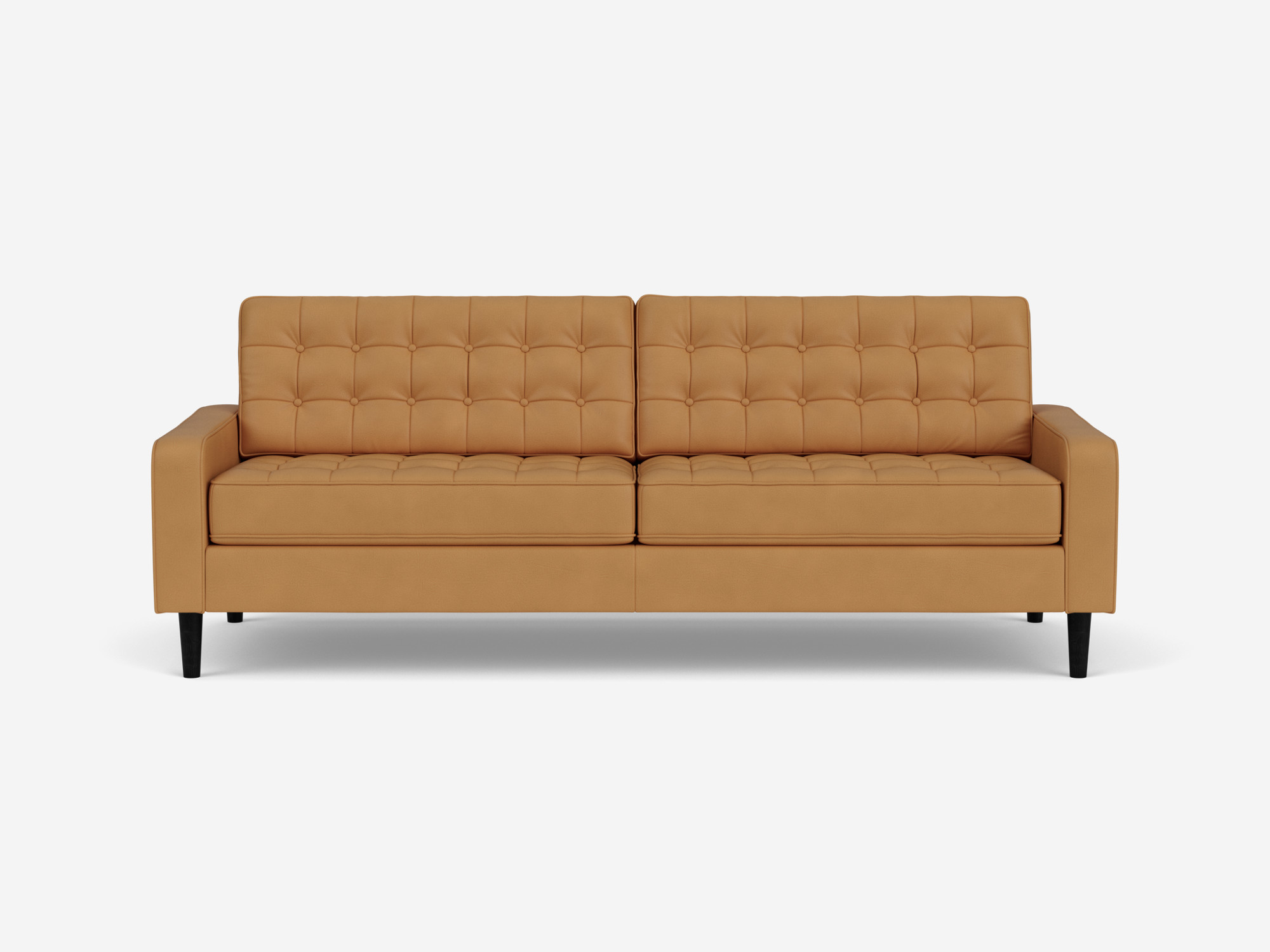 Front view of our mid century modern sofa, the Reverie 86", upholstered in light brown leather